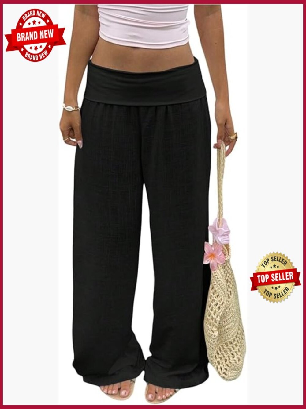Fold Over Low Rise Linen Pants Wide Leg Casual Lounge